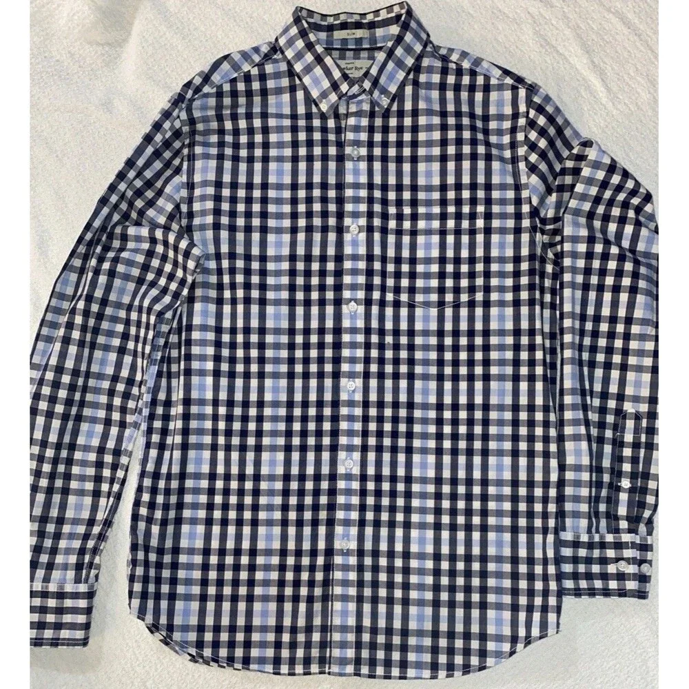 Hawker Rye Men's Shirt M Medium Tall MT Slim Fit Stretch Blue Gingham Plaid L/S
